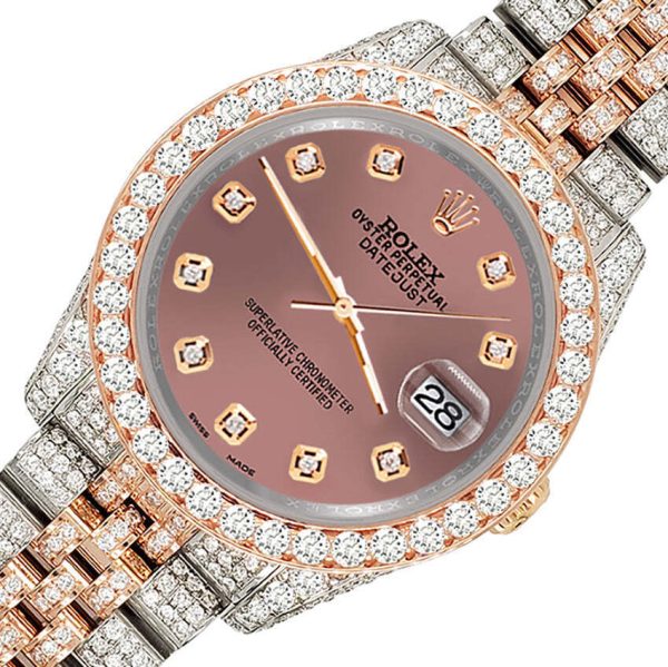 Rolex Datejust 36mm 10.75ct Pave Diamond Salmon Rose Gold Steel Watch TFJ-142508319 For Sale