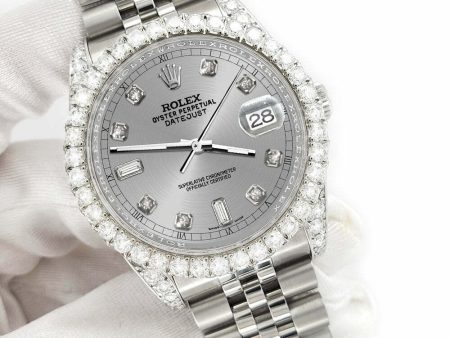 Rolex Datejust  36mm 4CT Diamond Bezel Lugs Gray 6+9 Baguette Dial Watch TFJ-142508660 For Sale