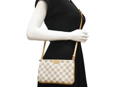 LOUIS VUITTON Double Zip Pochette Damier Azur Crossbody Bag Rose Ballerine For Sale