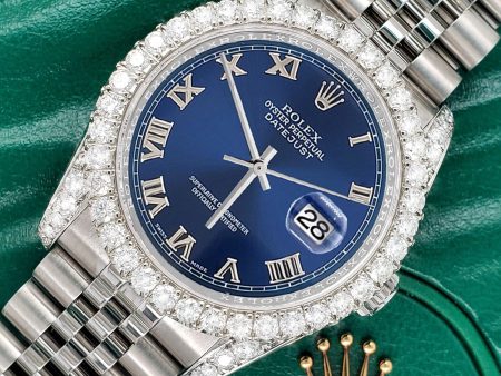 Rolex Datejust  36mm 3.9CT Diamond Bezel Lugs Blue Roman Dial Steel Watch TFJ-142507979 on Sale