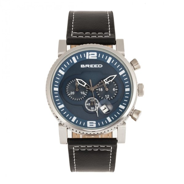 Breed Ryker Chronograph Leather-Band Watch w Date - Black Blue Discount