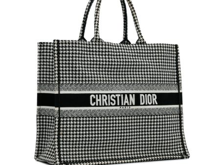 Black Dior Large Houndstooth Embroidered Book Tote Hot on Sale