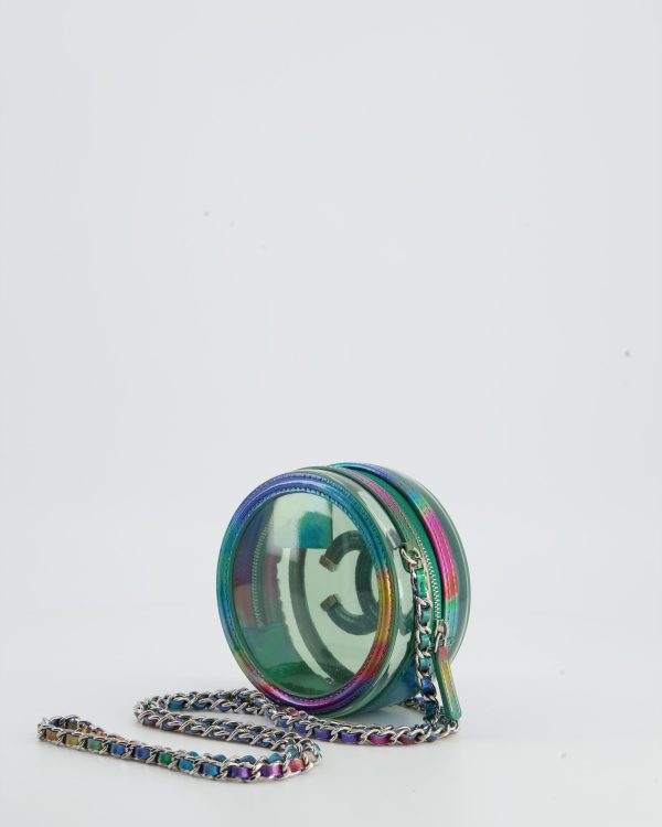 *HOT* Chanel Rainbow Green Filigree PVC CC Mini Round Crossbody Bag with Silver Hardware Hot on Sale