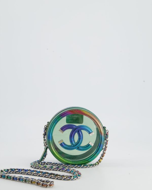 *HOT* Chanel Rainbow Green Filigree PVC CC Mini Round Crossbody Bag with Silver Hardware Hot on Sale