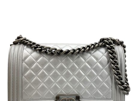 CHANEL Medium Boy Flap Quilted Leather Crossbody Bag Silver For Sale