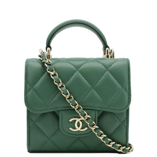 CHANEL Mini Top Handle Leather Crossbody Clutch Bag Green For Cheap