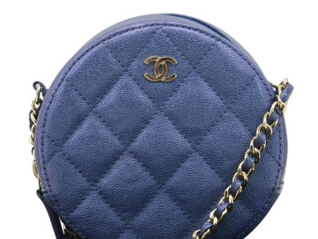 CHANEL Round Clutch with Chain Mini Quilted Iridescent Caviar Leather Crossbody Bag Shiny Blue on Sale