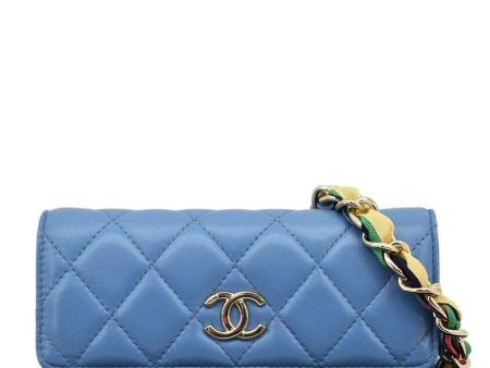 CHANEL Ribbon Leather Long Clutch Crossbody Bag Blue Fashion