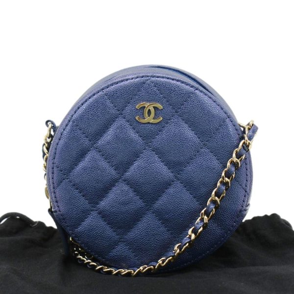 CHANEL Round Clutch with Chain Mini Quilted Iridescent Caviar Leather Crossbody Bag Shiny Blue on Sale